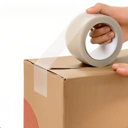 A hand holds a roll of transparent BOPP packaging tape while applying it to a cardboard box.