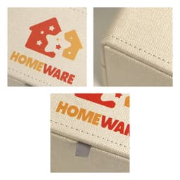 A large tissue box in a textured beige finish, featuring a logo with red and orange design elements.
