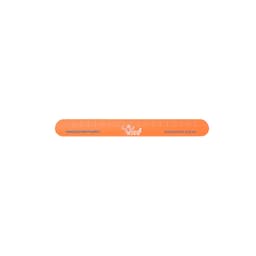 An orange silicone slap band with measurement markings and a logo.