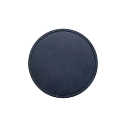 A round PU coaster in navy blue with a stitched edge and a smooth surface, featuring a logo.