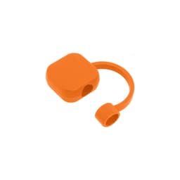 An orange silicone straw cover with a looped attachment for securing to a drink bottle.