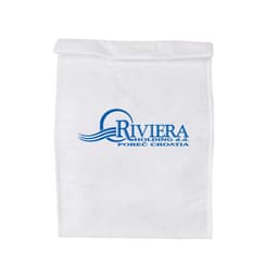A white cooler lunch bag made of Tyvek, featuring a logo in blue. It has a rectangular shape and zip closure.