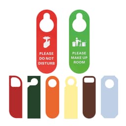 Custom shape PVC door hangers in various colours including red, green, yellow, orange, brown, dark green, and light blue.
