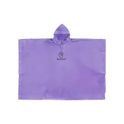 A purple reusable PEVA rain poncho with a hood and a logo on the front. Ideal for wet weather protection.