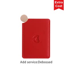 A red portable mirror with a rounded corner and a logo, designed for health and beauty use.