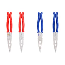 A plier-shaped ballpoint pen featuring red and blue handles, with silver metal detailing. It has a logo on one side.