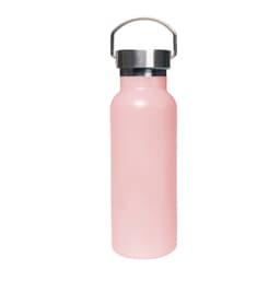A drink bottle in a pink finish with a stainless steel lid and a handle. Features a logo.