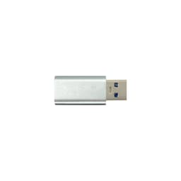 A USB data blocker in a silver casing, featuring a standard USB connector with two blue ports.