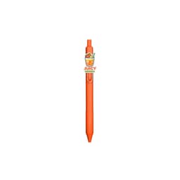 An orange acrylic pen with a clip and a logo featuring a drink illustration.