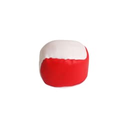 A red and white Hacky Sack with a smooth, rounded design and a glossy finish. It features a logo.