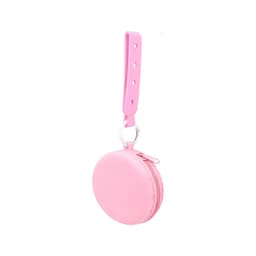 A round pink silicone pouch with a strap and zipper, featuring holes for adjustable length.
