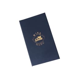 A navy blue wine menu featuring a gold imprint and a decorative logo on the front cover.