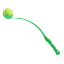 A green ball thrower with a curved arm and grip, featuring a yellow tennis-like ball at the end.