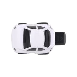 A white and black car-shaped flash drive with a USB connector, featuring a simple design and a logo.