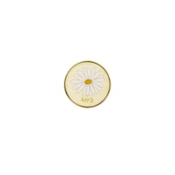 A round pin badge featuring a white daisy design with a gold outline and a yellow centre. The badge has a logo.