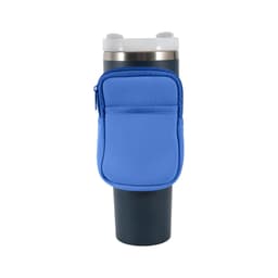 A drink bottle pouch in blue, featuring a zippered pocket, designed to fit a Stanley water bottle.