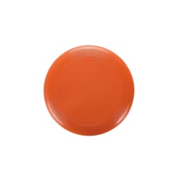 An orange frisbee with a smooth surface and concentric circle patterns around the edge, featuring a logo.