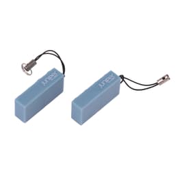 A blue brick-shaped flash drive with a lanyard attachment, featuring a logo on the side.