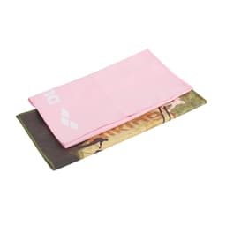 A pink quick dry towel layered over a camo-patterned towel, featuring a logo on the pink towel.
