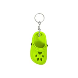 A bright yellow paw-shaped clog shoe keyring with a metal keychain attachment.