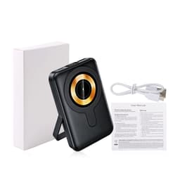 A black 10000mAh magnetic wireless power bank with a gold circle design and a built-in phone stand, accompanied by a charging cable and user manual.