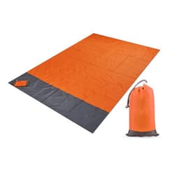 An orange and grey picnic blanket laid out flat next to a matching carry pouch.