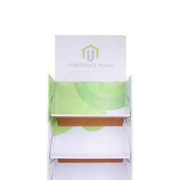 A white cardboard floor display with green accents and a logo at the top, featuring three shelves for products.