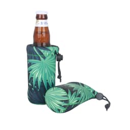 A drink bottle holder in green with a tropical leaf design, featuring a drawstring closure. It has a logo on the side.