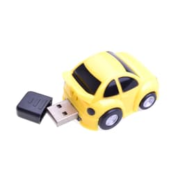 A yellow car-shaped flash drive with black accents and a USB connector protruding from the back.