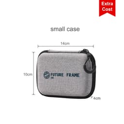 A small, grey zippered case with a logo on the front, measuring 14cm by 10cm by 4cm.