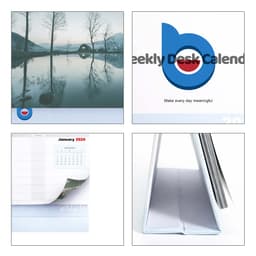 A desk calendar with a scenic cover image, featuring a blue logo and a white stand, displaying a January 2026 page.