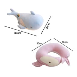 A whale-shaped travel pillow in blue and pink, suitable for both comfort and fun. Measures 30cm by 24cm.