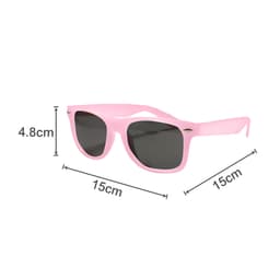 A pair of pink sunglasses with dark lenses, featuring a logo on the frame. Dimensions: 15cm x 4.8cm.