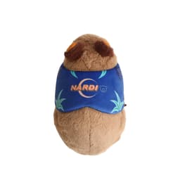 A soft brown wombat plush toy wearing a blue band with a logo. It features detailed facial features and textures.
