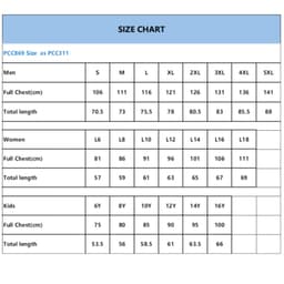 A size chart displaying measurements for men's, women's, and kids' sizes including chest and length details.