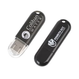 A black flash drive with a transparent cap, featuring a logo on one side and a solid surface on the other.