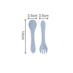 A light blue silicone spoon and fork set for kids, featuring rounded handles and specific dimensions.