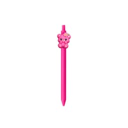 A pink pen with a cute bear topper featuring a flower design. The pen has a logo on its barrel.
