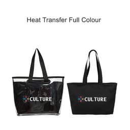 A promotional tote bag in black alongside a transparent tote with a detachable PVC cover, both featuring a logo.