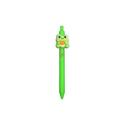 A bright green pen featuring a cute frog design as a topper, equipped with a clip and a vibrant colour scheme.