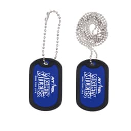 A blue dog tag with a black rubber silencer and a silver beaded chain, featuring a logo.