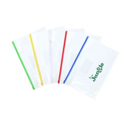 A collection of transparent A4 file bags in clear, with coloured tops in green, yellow, red, and blue. One bag features a logo.