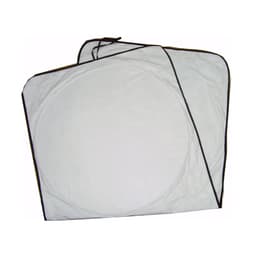 A foldable car shade in white with black trimming, featuring circular cutouts for easy storage.