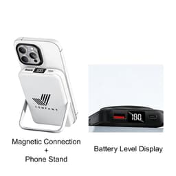 A white 10000mAh magnetic wireless power bank with a phone stand and battery level display. It features a logo.