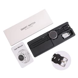 A round black smart watch with a black strap, presented in a box alongside a user manual and charging accessory.