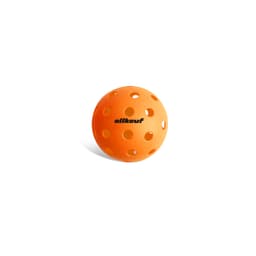 A bright orange pickleball with holes, featuring a logo on the surface.