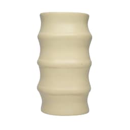 A beige spine-shaped stress reliever keyring with a smooth, wavy surface and a small branding logo.