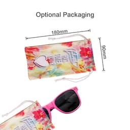 A pink pair of sunglasses in a colourful drawstring pouch, featuring a logo. The pouch has a floral design.