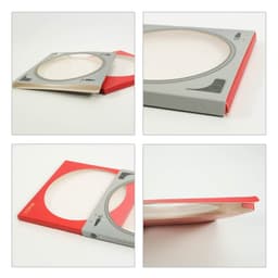 A custom CD-style gift box in red and grey with a clear circular window on the front.