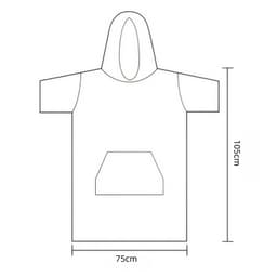 A double-sided fleece hooded towel poncho with a large hood and front pocket, featuring dimensions of 75cm by 105cm.